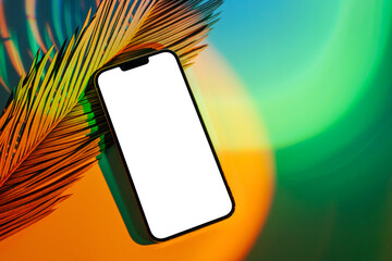 Wall Mural - mockup smartphone with tropical palm leaf on abstract background in neon gradient. mobile phone ith 