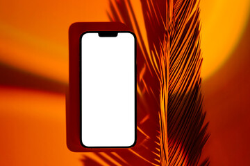 Wall Mural - mockup smartphone with tropical palm leaf on abstract background in neon gradient. mobile phone ith 