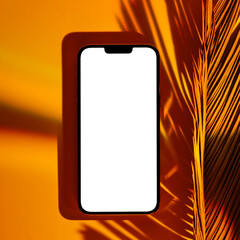Wall Mural - mockup smartphone with tropical palm leaf on abstract background in neon gradient. mobile phone ith 