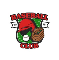 Wall Mural - Baseball sport icon with helmet and glove, club and team vector badge. Baseball or softball varsity players team emblem with ball and ribbon on shield for tournament or championship game