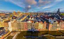 Panoramic Aerial View Of Amsterdam Residential District Along The Canals, The Netherlands.