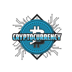 Aufkleber - Cryptocurrency icon with bitcoin coin on motherboard tracks. Blockchain and data encryption technology, future money and digital currency, online payment vector emblem, label or icon
