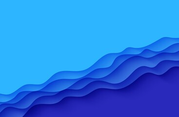 Wall Mural - Abstract background with water waves in paper cut style. 3d wallpaper with cut out deep wavy modern cover. Blue color layers with smooth shadow papercut art. Vector illustration, origami shapes