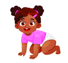  Smiling Toddler Boy And Girl Sitting. Portrait Of Happy Smiling Kids. Cute Little Baby Girl In Diaper. African American Children. Colorful Vector Illustration On White Background