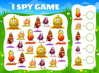 Aufkleber - Kids i spy game worksheet with cartoon fruit characters in yoga poses. Kids math riddle with objects searching and counting task, child kindergarten games vector page. Children educational quiz puzzle
