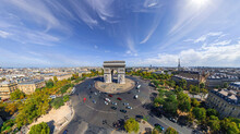 Panoramic Aerial View Of Arch Of Triumph, Paris Champs Elysées, France.