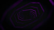 Abstract animation of geometric swirling neon spiral on black background. Animation. 3D polygonal shape of neon tunnel in black space
