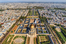Panoramic Aerial View Of Les Invalides Museum And The Gardens In Paris Downtown, France.