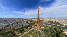 Panoramic Aerial View Of The Eiffel Tower And Champ De Mars In Paris, France.