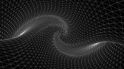 Abstract geometric curved space of white lines. Animation. Distorted space with three-dimensional textures of monochrome dark space