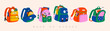 © Alice - Set of different school backpack and schoolbag. Collection of colorful children bags with stationary, textbooks. Hand drawn vector illustration isolated on white background. Modern flat cartoon style.