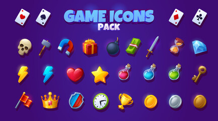 Poster - Game icons pack with symbols of key, playing cards, clock, money, gift box and diamond. Vector cartoon set of signs and assets for rpg computer or mobile game, hammer, sword, potions, bomb, coins