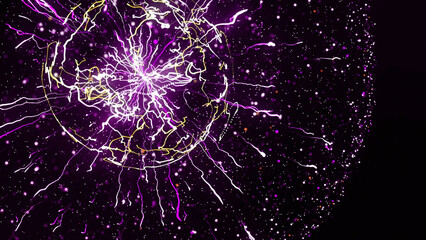 Poster - Abstract animation of electrostatic plasma sphere and beautiful zippers on the black background. Animation. Concept for power, electricity, science and physics.