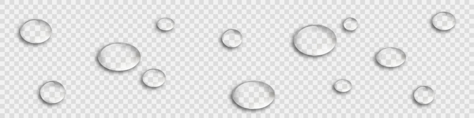 Water drops. 3D. Mockup of realistic water drops. Liquid on a transparent background. Vector illustration