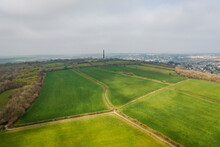 Aerial View Of Bodmin Beacon Obelisk Monument Set In A Beautiful Nature Reserve, Bodmin, Cornwall, United Kingdom.