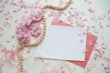 Postcard Mockup. Frame Of Pink Sakura Flowers And White Blank For Text. Wedding Card. Invitation