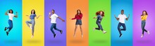 Emotional Millennials Jumping In The Air On Studio Backgrounds, Collage