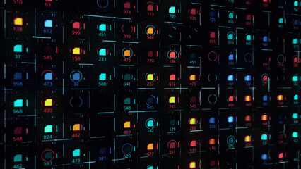 Poster - Digital abstraction with seamless animation flickering digits of business, finance, technology or marketing on display screen. Animation. Big data on LED panel