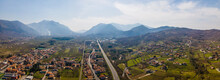 Panoramic Aerial View Of The Highway Crossing The Valley In San Michele Di Serino, Campania, Avellino, Italy.