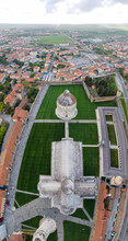 Pisa, Tuscany - 25 April 2022: Panoramic Aerial View Of Piazzale Dei Miracoli With Pisa Leaning Tower, Tuscany, Italy.