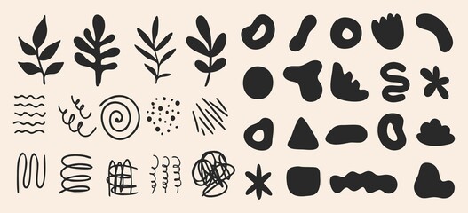 Wall Mural - Set of various abstract shapes, doodles and plants. Hand drawn doodles. Modern contemporary fashion illustration. Flat design, hand drawn cartoon, vector.