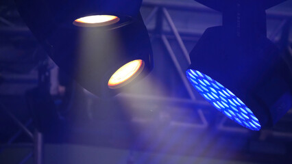 Poster - Free stage with lights, lighting devices. Stage lights blue