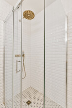 Interior Of Minimalist Bathroom With Shower Cabin