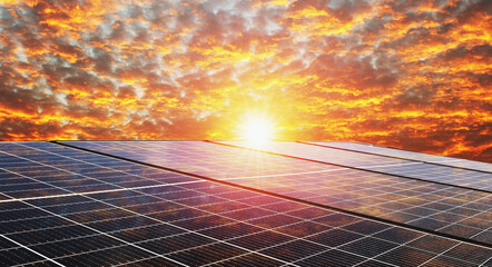 Wall Mural - solar cell panel with sky and sunset. clean energy in nature concept