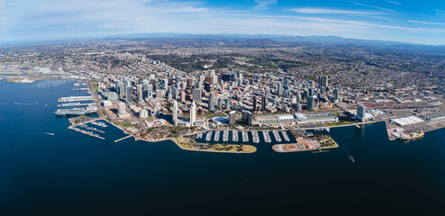 Wall Mural - Aerial shot of the cityscape of downtown San Diego, California, surrounded by the ocean