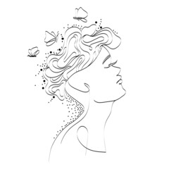 Wall Mural - Woman face line drawing art vector illustration isolated on white background Beautiful design element. Abstract minimal woman face icon, logo, emblem