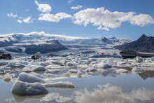 Beautiful Glacier Melting In An Ice Lagoon With Icebergs.