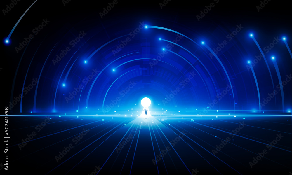 Abstract businessman Key Door open Light technology background Hitech ...