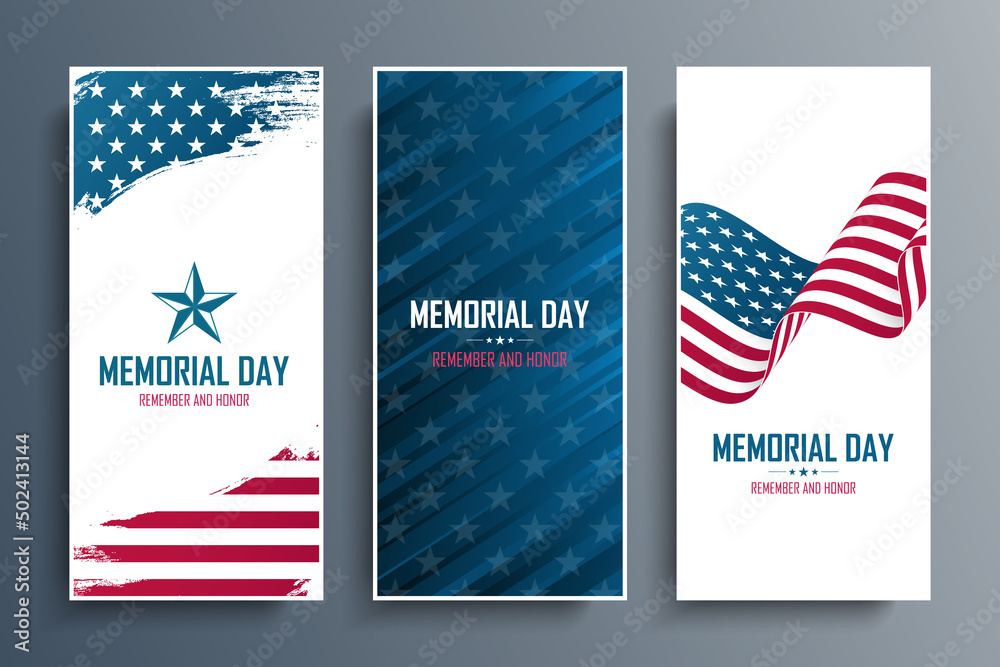 USA Memorial Day celebrate flyers set with national flag of the United ...