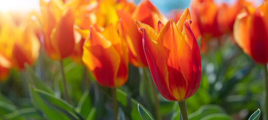 Wall Mural - Panoramic landscape of orange beautiful blooming tulip field in Holland Netherlands in spring with blue sky, illuminated by the sun - Close up of Tulpis flowers backgrund banner panorama