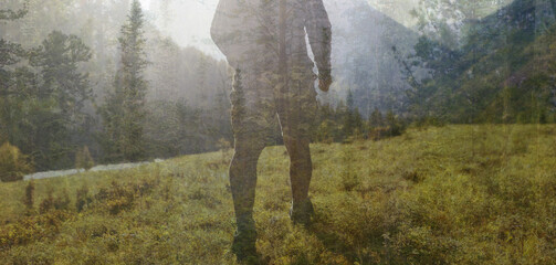 Canvas Print - Person hiking in the countryside. Double exposure photo