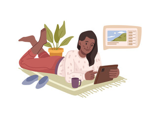 Aufkleber - Female personage kid watching videos on smartphone or tablet. Vector flat cartoon character looking at travel landscape exploring world online in web. Modern technologies and gadgets