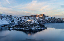 Stunning View Of Crater Lake In Wintertime During Sunrise, Oregon, US