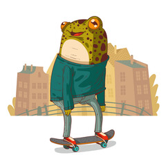 A Skateboarder, vector illustration. Anthropomorphic teenager frog in casual outfit riding a skateboard against the townscape. Young trendy dressed toad skater. An animal character with a human body.