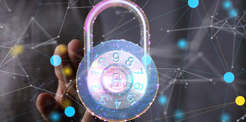 Poster - Security Shield concept, data protection. Shield with dots and lines connectio