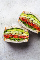 Wall Mural - Vegetable sandwich in paper wrap. Vegan healthy food, takeaway food.