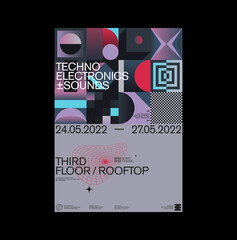 Fototapete - Abstract Techno Rave Poster Graphics Design With Helvetica Typography Aesthetics And Geometric Pattern