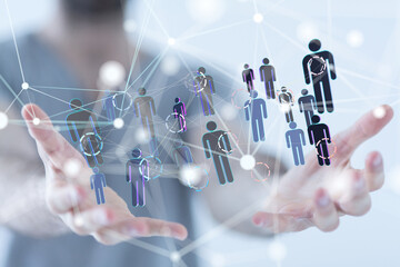 holding 3d rendering group of blue people