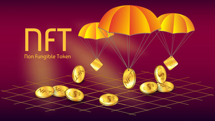 Wall Mural - NFT non fungible token airdrop coins on parachutes. Free distribution of collectible game NFT tokens.