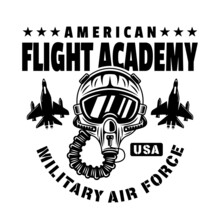 Flight Academy Vector Emblem, Badge, Label, Logo Or T-shirt Print With Pilot Helmet In Monochrome Vintage Style Isolated On White Background