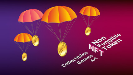 Wall Mural - Isometric text NFT non fungible token and parachutes with gold coins on purple-red background. Free distribution of collectible and playable NFT.