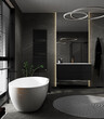 Stylish luxury black bathroom with black marble tile, bathtub, plant and large windows nature light shining in to the room, 3d rendering