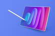 © barmaleeva - Tablet, pen and multicolored background. Device in perspective view. Pen drawing abstract shape on tablet