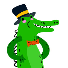 Cute Crocodile Character In Top Hat. Funny Green Alligator.