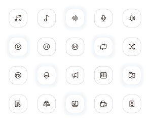 Poster - Music and audio line icons set. Note, wave, microphone, volume, play, voice and other buttons. Vector outline pictograms for web and ui, ux mobile app design. Editable Stroke. 24x24 Pixel Perfect.