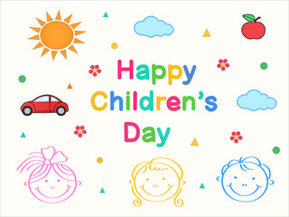 illustration of smiling kids near happy childrens day lettering on white.